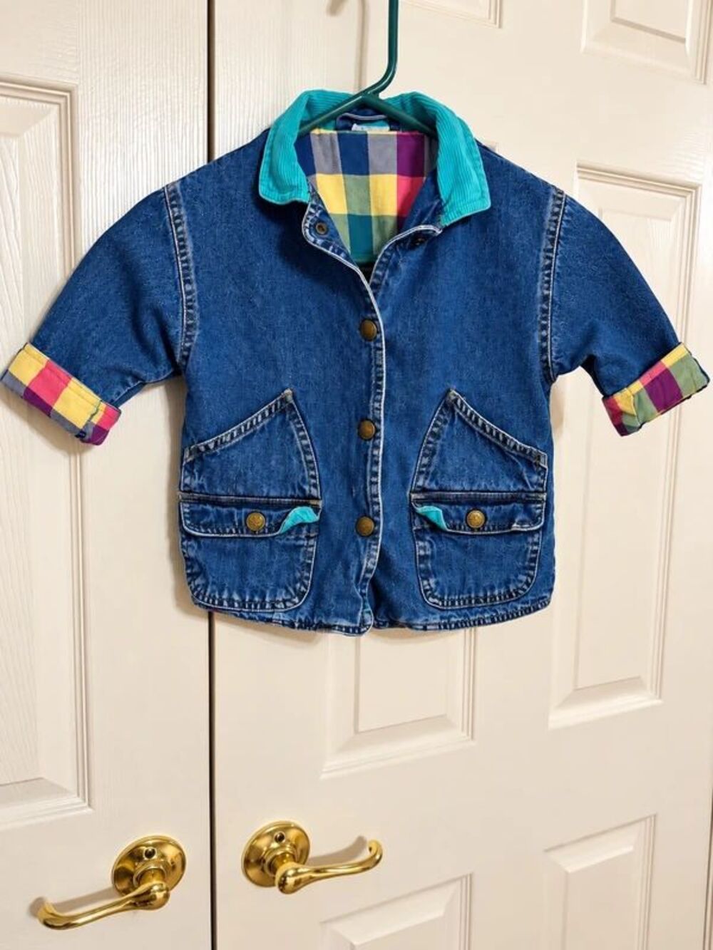 Vintage 1990s Kids Denim JacketPlaid Lined Teal Corduroy Collar Approx Girls 6/7